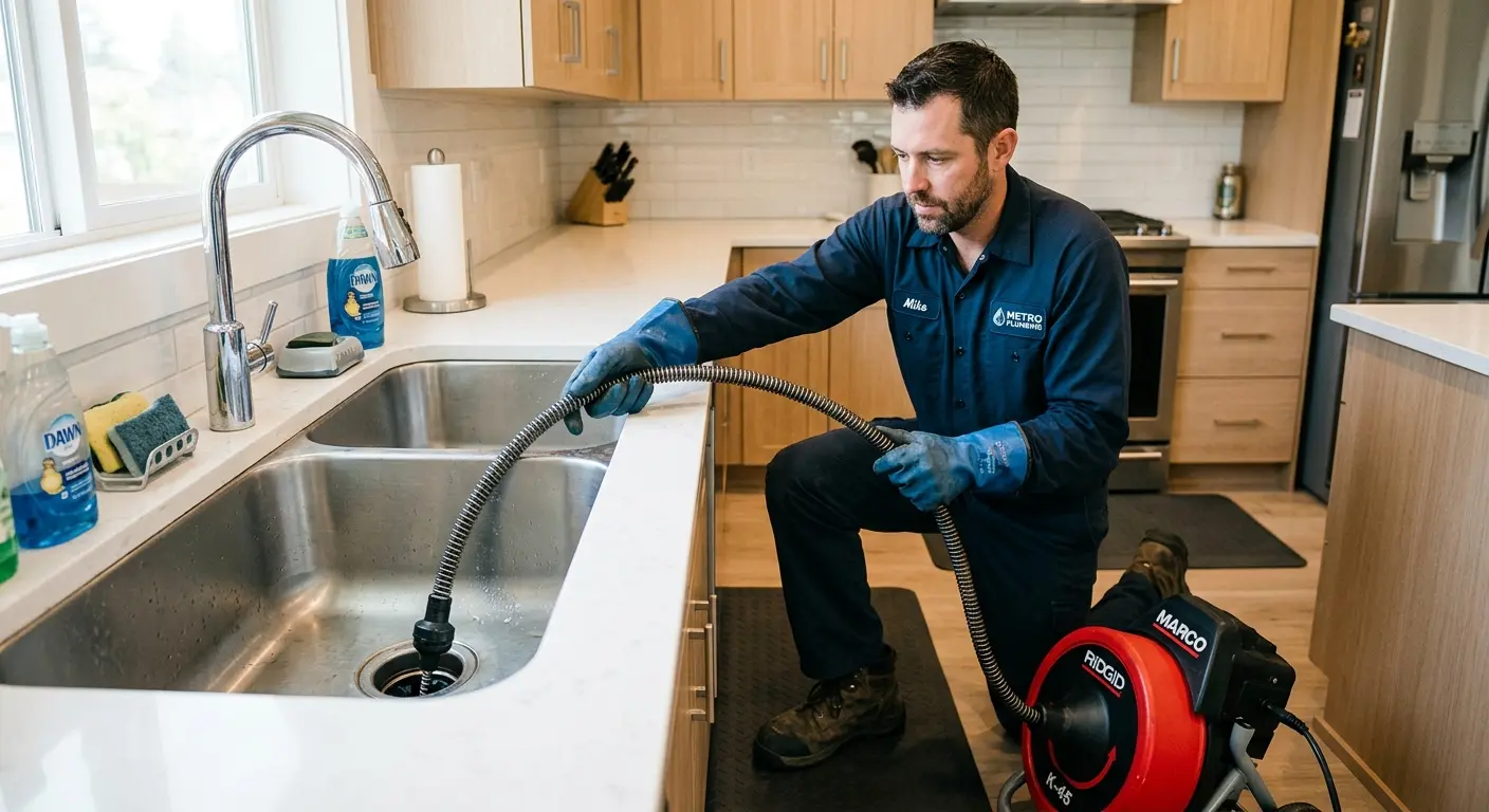 Drain cleaning technician using a motorized snake on a kitchen sink in Gunnison