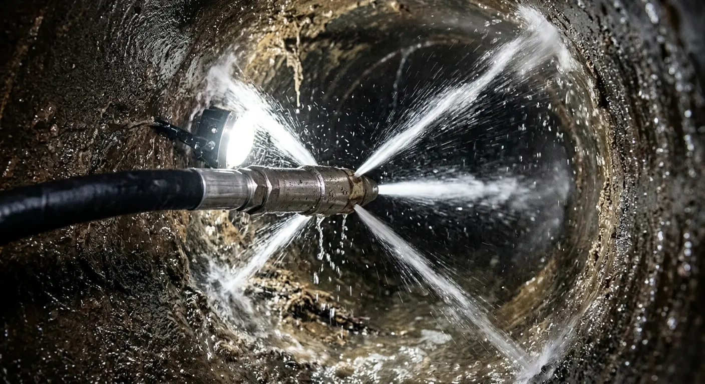 High-pressure hydro jetting nozzle cleaning sewer pipe for Emergency Drain Service in Gunnison