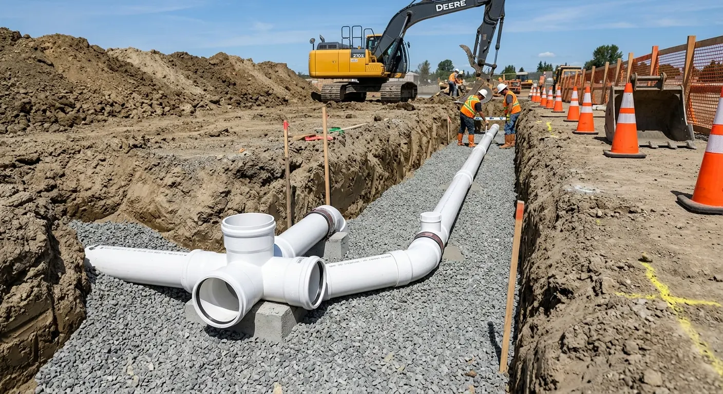New PVC sewer pipe installation in open trench for Commercial Drain Cleaning in Gunnison