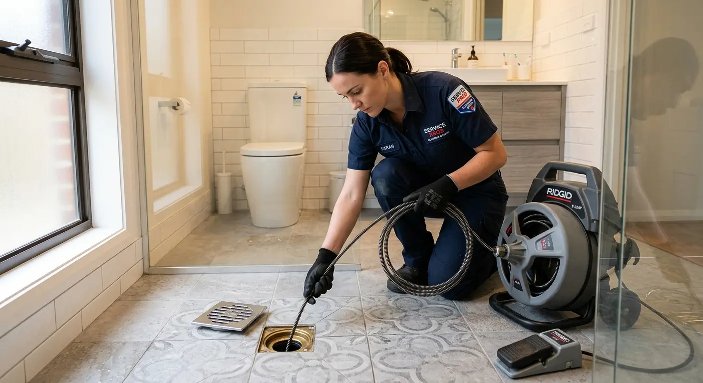 Technician clearing a bathroom floor drain for Sewer Line Replacement in Gunnison